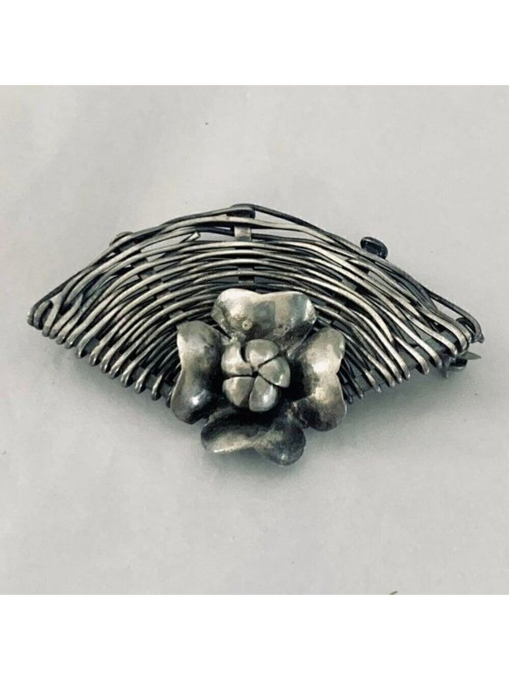 Vintage Sterling Silver Basket Weave Flower Fan Brooch